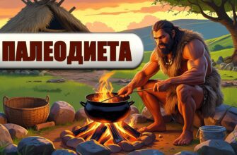 Изображение представляет собой цифровую иллюстрацию, изображающую доисторическую сцену, на которой мускулистый мужчина со средним оттенком кожи, одетый в меховую одежду, сидит у костра. У него длинные нечесаные волосы и густая борода, он помешивает что-то в большом черном котле над огнем. Место действия - на открытом воздухе, в окружении круга из камней, на заднем плане - деревенская хижина из дерева и соломы. На фоне пейзажа изображены зеленые холмы под теплым, сияющим небом, что наводит на мысль о восходе или закате солнца. Вокруг разбросаны различные примитивные инструменты и емкости, в том числе корзина и бутылка. Общий стиль - реалистичный, с яркими цветами, передающими ощущение древней жизни и выживания.