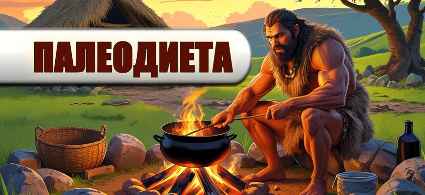 Изображение представляет собой цифровую иллюстрацию, изображающую доисторическую сцену, на которой мускулистый мужчина со средним оттенком кожи, одетый в меховую одежду, сидит у костра. У него длинные нечесаные волосы и густая борода, он помешивает что-то в большом черном котле над огнем. Место действия - на открытом воздухе, в окружении круга из камней, на заднем плане - деревенская хижина из дерева и соломы. На фоне пейзажа изображены зеленые холмы под теплым, сияющим небом, что наводит на мысль о восходе или закате солнца. Вокруг разбросаны различные примитивные инструменты и емкости, в том числе корзина и бутылка. Общий стиль - реалистичный, с яркими цветами, передающими ощущение древней жизни и выживания.