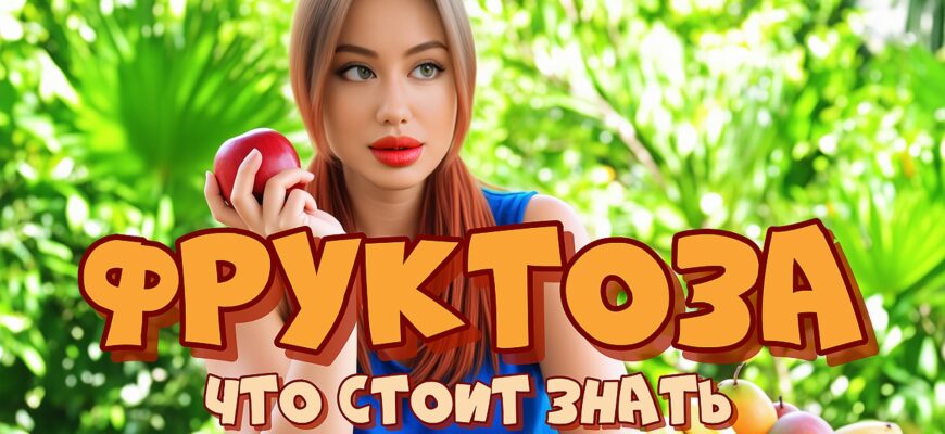 Изображение представляет собой яркий портрет на открытом воздухе, на котором изображена женщина со светлой кожей и каштановыми волосами до плеч, широко улыбающаяся. Она одета в голубой топ без рукавов и сидит за столом в окружении пышного сада. В правой руке женщина держит красное яблоко, а на столе перед ней стоит ваза с фруктовым ассорти, включая бананы и манго. На заднем плане изображена зеленая листва, создающая безмятежную и естественную атмосферу. Освещение яркое и солнечное, подчеркивающее свежесть сцены и жизнерадостное выражение лица женщины.