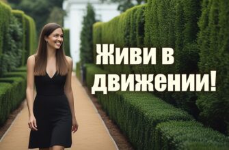 Изображение представляет собой цветную фотографию, на которой изображена женщина, идущая по дорожке, обсаженной пышной зеленой изгородью. На снимке изображен сад или парк, на заднем плане видно белое здание, частично скрытое деревьями. У женщины длинные прямые каштановые волосы и черное платье без рукавов. У нее светлая кожа, и она улыбается, когда идет по дорожке. Дорожка светло-коричневого цвета, контрастирующая с окружающей ее яркой зеленью. Небо затянуто облаками, которые заливают сцену мягким рассеянным светом. Общая композиция сбалансирована, женщина расположена немного левее, что создает ощущение движения и глубины образа.