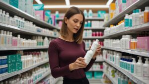 Image is a color photograph featuring a woman standing in a pharmacy or store aisle. She has light skin and straight, shoulder-length brown hair. She is wearing a maroon, long-sleeved top and is holding two bottles, one in each hand, examining them closely. The background consists of shelves filled with various boxes and bottles, suggesting a wide range of products, likely pharmaceuticals or personal care items. The shelves are organized with products of different sizes and colors, creating a busy and stocked appearance. The setting is well-lit, highlighting the woman's focused expression as she compares the items.