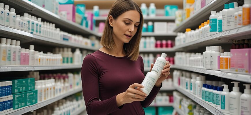 Image is a color photograph featuring a woman standing in a pharmacy or store aisle. She has light skin and straight, shoulder-length brown hair. She is wearing a maroon, long-sleeved top and is holding two bottles, one in each hand, examining them closely. The background consists of shelves filled with various boxes and bottles, suggesting a wide range of products, likely pharmaceuticals or personal care items. The shelves are organized with products of different sizes and colors, creating a busy and stocked appearance. The setting is well-lit, highlighting the woman's focused expression as she compares the items.