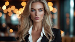 Изображение представляет собой высококачественную портретную фотографию женщины с выразительными чертами лица. У нее светлая кожа, пронзительные голубые глаза и длинные волнистые светлые волосы, ниспадающие каскадом на плечи. Выражение ее лица уверенное и уравновешенное. На ней черный блейзер поверх белой блузки, которая слегка расстегнута, что придает ее наряду элегантности. Задний план слегка размыт, а теплое рассеянное освещение создает эффект боке из-за круглых лампочек, что наводит на мысль о помещении, возможно, ресторане или подобном месте. Композиция сосредоточена так, что объект съемки смотрит прямо в камеру, создавая ощущение сосредоточенности и напряженности.