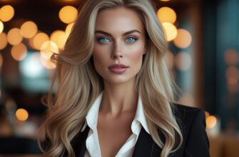 Изображение представляет собой высококачественную портретную фотографию женщины с выразительными чертами лица. У нее светлая кожа, пронзительные голубые глаза и длинные волнистые светлые волосы, ниспадающие каскадом на плечи. Выражение ее лица уверенное и уравновешенное. На ней черный блейзер поверх белой блузки, которая слегка расстегнута, что придает ее наряду элегантности. Задний план слегка размыт, а теплое рассеянное освещение создает эффект боке из-за круглых лампочек, что наводит на мысль о помещении, возможно, ресторане или подобном месте. Композиция сосредоточена так, что объект съемки смотрит прямо в камеру, создавая ощущение сосредоточенности и напряженности.