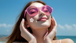 Изображение представляет собой уличную фотографию в высоком разрешении, на которой изображена молодая женщина со светлой кожей и длинными каштановыми волосами. На ней большие круглые розовые солнцезащитные очки, которые отражают яркий солнечный свет. Выражение ее лица расслабленное и довольное, когда она смотрит в небо с закрытыми глазами. На левой щеке у нее небольшой декоративный рисунок в виде белого цветка. Ее руки с аккуратно наманикюренными белыми ногтями нежно касаются лица. На заднем плане изображено чистое голубое небо и спокойное море, что наводит на мысль о пляжной обстановке. Общая композиция передает ощущение спокойствия и наслаждения солнечным днем.