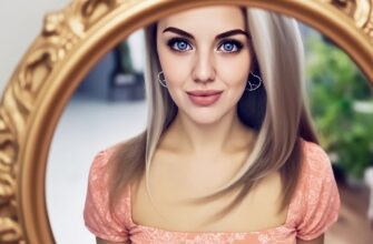 Изображение представляет собой фотографию крупным планом, на которой молодая женщина смотрится в богато украшенное круглое зеркало в золотой раме. Зеркало расположено на светлой поверхности, возможно, на стене или столе. У женщины светлый оттенок кожи, она нежно улыбается, подперев рукой подбородок. Частично видны ее темные волосы, на ней надет топ без рукавов. В отражении четко видны черты ее лица, подчеркивающие глаза и улыбку. Фон слегка размыт, с оттенками зелени, что наводит на мысль об обстановке на открытом воздухе или в саду. Общая композиция фокусируется на взаимодействии между объектом съемки и его отражением, создавая теплую и интимную атмосферу.