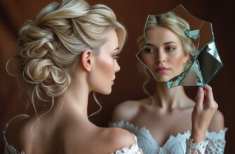 Изображение представляет собой фотографию в портретном стиле, на которой изображена женщина со светлой кожей и светлыми волосами, уложенными в сложную прическу. Она изображена сзади, держа в правой руке осколок разбитого зеркала, в котором отражается ее лицо. На женщине белое кружевное платье с открытыми плечами. Фон выполнен в насыщенных темно-коричневых тонах, что создает теплый контраст с ее светлыми волосами и одеждой. Выражение ее лица в зеркале задумчивое, а взгляд сосредоточен на своем отражении. Общая композиция создает ощущение самоанализа и элегантности, а разбитое зеркало добавляет образу элемент интриги и сложности.