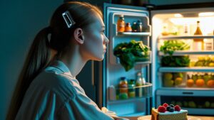Изображение представляет собой откровенную фотографию при слабом освещении, на которой изображена молодая женщина со светлой кожей и длинными прямыми волосами, стянутыми сзади крупной заколкой. Она сидит за деревянным столом, одетая в свободную светлую рубашку. Виден ее профиль, когда она задумчиво смотрит на открытый холодильник на заднем плане, который излучает теплое сияние. Холодильник заполнен различными продуктами, включая бутылки и зелень. Перед ней на столе стоит тарелка с кусочком торта, украшенным фруктами, а рядом лежит вилка. Общая атмосфера спокойная и задумчивая, с контрастом между холодными тонами комнаты и теплым светом из холодильника.