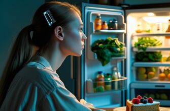Изображение представляет собой откровенную фотографию при слабом освещении, на которой изображена молодая женщина со светлой кожей и длинными прямыми волосами, стянутыми сзади крупной заколкой. Она сидит за деревянным столом, одетая в свободную светлую рубашку. Виден ее профиль, когда она задумчиво смотрит на открытый холодильник на заднем плане, который излучает теплое сияние. Холодильник заполнен различными продуктами, включая бутылки и зелень. Перед ней на столе стоит тарелка с кусочком торта, украшенным фруктами, а рядом лежит вилка. Общая атмосфера спокойная и задумчивая, с контрастом между холодными тонами комнаты и теплым светом из холодильника.