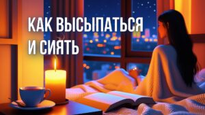 Изображение представляет собой цифровую иллюстрацию, изображающую уютную спальню с теплым освещением. На переднем плане изображен деревянный прикроватный столик, на котором стоит зажженная свеча с мягким мерцающим пламенем и дымящаяся чашка чая рядом с раскрытой книгой. Свеча излучает нежное сияние, отбрасывая мягкие тени. На заднем плане женщина с длинными темными волосами сидит на кровати, покрытой белым текстурным одеялом. Она смотрит в окно, за которым виден ночной городской пейзаж с тепло освещенными зданиями. Комната выдержана в теплых оранжевых тонах, что создает безмятежную и интимную атмосферу. В общей композиции гармонично сочетаются элементы света и тени, что усиливает умиротворяющее настроение сцены.