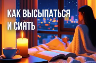 Изображение представляет собой цифровую иллюстрацию, изображающую уютную спальню с теплым освещением. На переднем плане изображен деревянный прикроватный столик, на котором стоит зажженная свеча с мягким мерцающим пламенем и дымящаяся чашка чая рядом с раскрытой книгой. Свеча излучает нежное сияние, отбрасывая мягкие тени. На заднем плане женщина с длинными темными волосами сидит на кровати, покрытой белым текстурным одеялом. Она смотрит в окно, за которым виден ночной городской пейзаж с тепло освещенными зданиями. Комната выдержана в теплых оранжевых тонах, что создает безмятежную и интимную атмосферу. В общей композиции гармонично сочетаются элементы света и тени, что усиливает умиротворяющее настроение сцены.