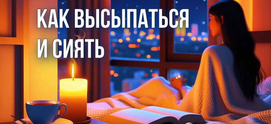 Изображение представляет собой цифровую иллюстрацию, изображающую уютную спальню с теплым освещением. На переднем плане изображен деревянный прикроватный столик, на котором стоит зажженная свеча с мягким мерцающим пламенем и дымящаяся чашка чая рядом с раскрытой книгой. Свеча излучает нежное сияние, отбрасывая мягкие тени. На заднем плане женщина с длинными темными волосами сидит на кровати, покрытой белым текстурным одеялом. Она смотрит в окно, за которым виден ночной городской пейзаж с тепло освещенными зданиями. Комната выдержана в теплых оранжевых тонах, что создает безмятежную и интимную атмосферу. В общей композиции гармонично сочетаются элементы света и тени, что усиливает умиротворяющее настроение сцены.
