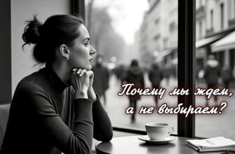 На черно-белой фотографии запечатлена задумчивая сцена в кафе. Женщина со светлой кожей и темными волосами, собранными в свободный пучок, сидит за столиком, видна ее женская сила и доверие. У большого окна. На ней красный с высоким воротом, она нежно прижимает руки к лицу и смотрит на улицу. Выражение ее лица задумчивое и безмятежное. На столе перед ней стоит маленькая чашечка кофе на блюдце, а рядом аккуратно разложена стопка салфеток. Из окна открывается размытый вид на улицу, где видны несколько пешеходов, что придает изображению глубину и контекст. Общая композиция создает атмосферу тишины и погружения в себя в шумной городской обстановке.