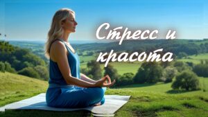 Изображение представляет собой безмятежную фотографию на открытом воздухе, на которой изображена женщина, медитирующая на поросшей травой вершине холма. Стиль - естественный и спокойный, запечатлевающий мирный момент на природе. Женщина сидит, скрестив ноги, лицом к правой части кадра. У нее светлая кожа и светлые волосы, свободно ниспадающие на плечи. На ней синий топ без рукавов и брюки в тон. На заднем плане изображен панорамный вид на пышную зеленую долину с разбросанными по ней деревьями и полями под ясным голубым небом. Общая композиция подчеркивает спокойствие и связь с природой.