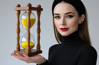 Изображение представляет собой студийный портрет женщины со светлой кожей и длинными каштановыми волосами, уложенными в черную повязку на голове. На ней черная водолазка и черные серьги-гвоздики. Ее макияж сдержанный, с акцентом на яркую подводку для глаз и красную помаду. В правой руке, расположенной на уровне плеча, женщина держит деревянные песочные часы с желтым песком. Фон - простой белый, подчеркивающий