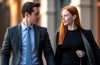 Изображение представляет собой откровенную уличную фотографию, на которой внимание мужчины, изображены два человека, прогуливающиеся в городской обстановке. Слева мужчина с короткими темными волосами, одетый в темно-серый костюм и светло-серый галстук, оглядывается через плечо. У него светлый оттенок кожи и чисто выбритое лицо. Справа женщина с длинными прямыми рыжими волосами уходит от камеры. На ней облегающее черное платье и черный жакет, перекинутый через плечо. У нее светлый оттенок кожи. Фон состоит из размытого городского пейзажа со зданиями бежевых тонов, что наводит на мысль о мегаполисе. Общая композиция отражает момент взаимодействия двух людей, когда взгляд мужчины направлен на женщину.