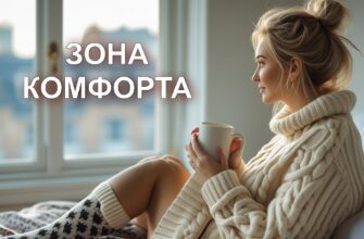 Изображение представляет собой уютную фотографию в стиле лайфстайл, она комфорта, на которой изображена женщина, сидящая на кровати у большого окна. Комната мягко освещена естественным светом. На женщине со светлой кожей и светлыми волосами, собранными в беспорядочный пучок, толстый свитер кремовой вязки и носки с рисунком. Она держит в руках белую кружку и смотрит в окно. Кровать покрыта узорчатым одеялом нейтральных тонов, что создает теплую и располагающую атмосферу. Из окон открывается размытый вид на здания за окном, что наводит на мысль о городской обстановке. Общая композиция создает ощущение комфорта и спокойствия.