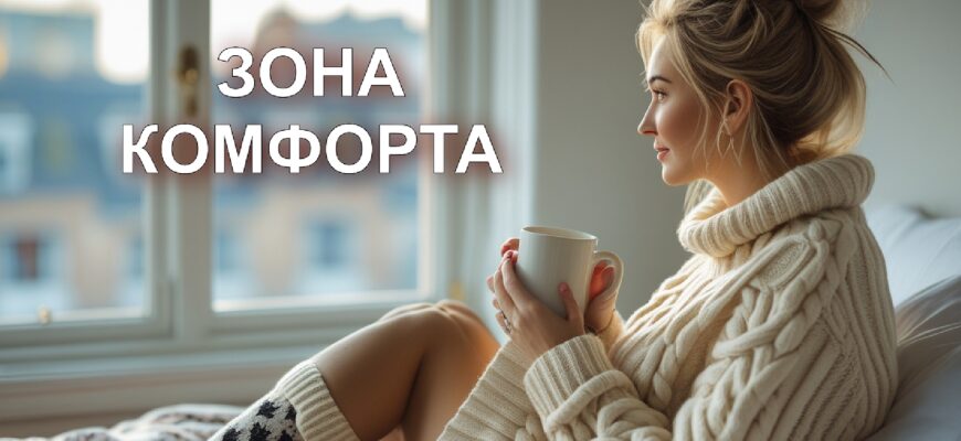 Изображение представляет собой уютную фотографию в стиле лайфстайл, она комфорта, на которой изображена женщина, сидящая на кровати у большого окна. Комната мягко освещена естественным светом. На женщине со светлой кожей и светлыми волосами, собранными в беспорядочный пучок, толстый свитер кремовой вязки и носки с рисунком. Она держит в руках белую кружку и смотрит в окно. Кровать покрыта узорчатым одеялом нейтральных тонов, что создает теплую и располагающую атмосферу. Из окон открывается размытый вид на здания за окном, что наводит на мысль о городской обстановке. Общая композиция создает ощущение комфорта и спокойствия.