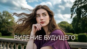 Изображение представляет собой портретную фотографию молодой женщины, видение будущего, с длинными волнистыми каштановыми волосами, ниспадающими каскадом на плечи и слегка развевающимися на ветру. У нее светлая кожа, и она задумчиво смотрит вдаль, подперев рукой подбородок. Черты ее лица включают изогнутые брови и безмятежное выражение. На ней свободное темно-фиолетовое платье с короткими рукавами. Сцена происходит на открытом воздухе, на переднем плане - каменная балюстрада, а на заднем - пышная зелень, что наводит на мысль о парке или саде. Небо затянуто переменными облаками, что придает сцене мягкий естественный свет.