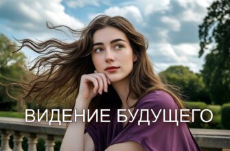 Изображение представляет собой портретную фотографию молодой женщины, видение будущего, с длинными волнистыми каштановыми волосами, ниспадающими каскадом на плечи и слегка развевающимися на ветру. У нее светлая кожа, и она задумчиво смотрит вдаль, подперев рукой подбородок. Черты ее лица включают изогнутые брови и безмятежное выражение. На ней свободное темно-фиолетовое платье с короткими рукавами. Сцена происходит на открытом воздухе, на переднем плане - каменная балюстрада, а на заднем - пышная зелень, что наводит на мысль о парке или саде. Небо затянуто переменными облаками, что придает сцене мягкий естественный свет.