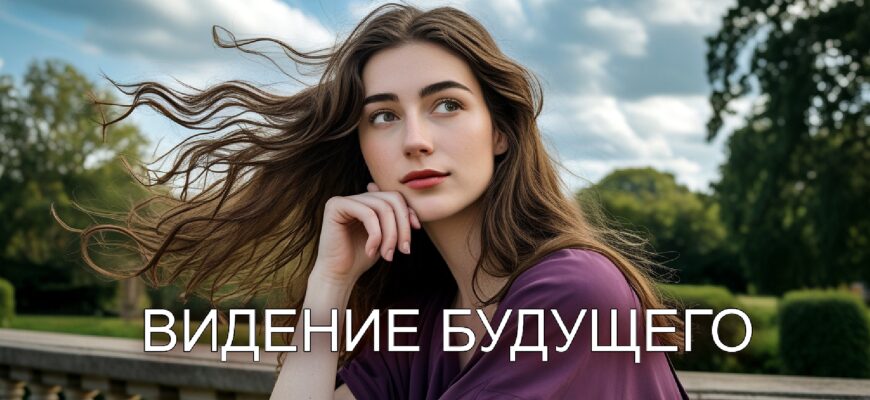 Изображение представляет собой портретную фотографию молодой женщины, видение будущего, с длинными волнистыми каштановыми волосами, ниспадающими каскадом на плечи и слегка развевающимися на ветру. У нее светлая кожа, и она задумчиво смотрит вдаль, подперев рукой подбородок. Черты ее лица включают изогнутые брови и безмятежное выражение. На ней свободное темно-фиолетовое платье с короткими рукавами. Сцена происходит на открытом воздухе, на переднем плане - каменная балюстрада, а на заднем - пышная зелень, что наводит на мысль о парке или саде. Небо затянуто переменными облаками, что придает сцене мягкий естественный свет.