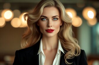 Изображение представляет собой портретную фотографию женщины со светлой кожей и длинными волнистыми светлыми волосами. Женская самооценка, у нее поразительные голубые глаза, и она одета в черный блейзер поверх белой блузки, воротник которой слегка расстегнут. Фон слегка размыт, с теплым рассеянным освещением и круглой подсветкой в стиле боке, что наводит на мысль о помещении, возможно, ресторане или кафе. Композиция концентрирует внимание на объекте съемки, подчеркивая уверенное выражение ее лица и профессиональный наряд. Общий тон изображения теплый и располагающий, с акцентом на чертах лица и одежде объекта съемки.