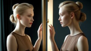 Изображение представляет собой портретную фотографию, любовь к себе, женщины со светлой кожей и светлыми волосами, собранными в аккуратный пучок. На ней прозрачное коричневое платье без рукавов. Композиция симметрична: справа женщина стоит в профиль, слева - лицом к зеркалу. Видно ее отражение, на котором видно ее лицо с тонкими чертами и сосредоточенным выражением. Ее руки нежно касаются зеркала, создавая ощущение самоанализа. Фон темный, что усиливает контраст и выделяет объект съемки. Мягкое освещение отбрасывает едва заметные тени и подчеркивает безмятежное настроение сцены.