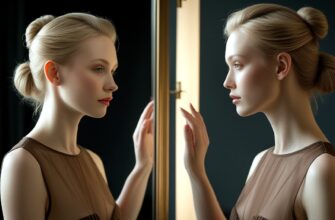 Изображение представляет собой портретную фотографию, любовь к себе, женщины со светлой кожей и светлыми волосами, собранными в аккуратный пучок. На ней прозрачное коричневое платье без рукавов. Композиция симметрична: справа женщина стоит в профиль, слева - лицом к зеркалу. Видно ее отражение, на котором видно ее лицо с тонкими чертами и сосредоточенным выражением. Ее руки нежно касаются зеркала, создавая ощущение самоанализа. Фон темный, что усиливает контраст и выделяет объект съемки. Мягкое освещение отбрасывает едва заметные тени и подчеркивает безмятежное настроение сцены.