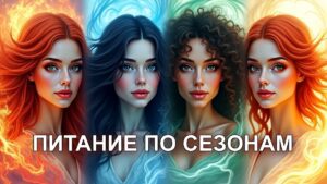 Изображение представляет собой цифровую иллюстрацию, питание по сезонам, на которой изображены четыре женщины, каждая из которых представляет свой элемент, расположенные в линейном порядке. У первой женщины слева огненно-рыжие волосы и бледный цвет лица, символизирующий огонь, с теплыми оранжевыми и красными оттенками, окружающими ее. У второй женщины длинные темные волосы и кожа холодного голубого оттенка, символизирующая воду, с голубыми и белыми завитками, окружающими ее. У третьей женщины вьющиеся волосы и зеленовато-желтый оттенок кожи, олицетворяющий землю, с зелеными и желтыми тонами, окутывающими ее. У четвертой женщины ярко-рыжие волосы и светлая кожа, символизирующая воздух, с красными и белыми завитками вокруг. Выражение лица каждой женщины безмятежное и сосредоточенное, с четкими чертами лица, которые включают высокие скулы и полные губы. Фон представляет собой сочетание цветов, связанных с каждым элементом, создавая гармоничную и яркую композицию.