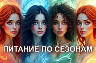 Изображение представляет собой цифровую иллюстрацию, питание по сезонам, на которой изображены четыре женщины, каждая из которых представляет свой элемент, расположенные в линейном порядке. У первой женщины слева огненно-рыжие волосы и бледный цвет лица, символизирующий огонь, с теплыми оранжевыми и красными оттенками, окружающими ее. У второй женщины длинные темные волосы и кожа холодного голубого оттенка, символизирующая воду, с голубыми и белыми завитками, окружающими ее. У третьей женщины вьющиеся волосы и зеленовато-желтый оттенок кожи, олицетворяющий землю, с зелеными и желтыми тонами, окутывающими ее. У четвертой женщины ярко-рыжие волосы и светлая кожа, символизирующая воздух, с красными и белыми завитками вокруг. Выражение лица каждой женщины безмятежное и сосредоточенное, с четкими чертами лица, которые включают высокие скулы и полные губы. Фон представляет собой сочетание цветов, связанных с каждым элементом, создавая гармоничную и яркую композицию.