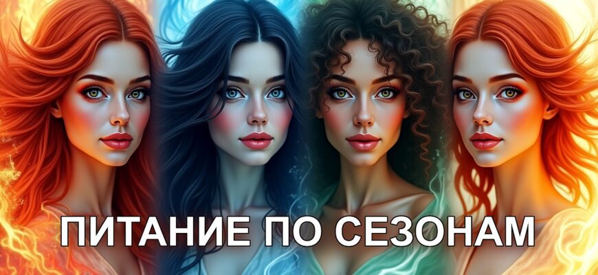 Изображение представляет собой цифровую иллюстрацию, питание по сезонам, на которой изображены четыре женщины, каждая из которых представляет свой элемент, расположенные в линейном порядке. У первой женщины слева огненно-рыжие волосы и бледный цвет лица, символизирующий огонь, с теплыми оранжевыми и красными оттенками, окружающими ее. У второй женщины длинные темные волосы и кожа холодного голубого оттенка, символизирующая воду, с голубыми и белыми завитками, окружающими ее. У третьей женщины вьющиеся волосы и зеленовато-желтый оттенок кожи, олицетворяющий землю, с зелеными и желтыми тонами, окутывающими ее. У четвертой женщины ярко-рыжие волосы и светлая кожа, символизирующая воздух, с красными и белыми завитками вокруг. Выражение лица каждой женщины безмятежное и сосредоточенное, с четкими чертами лица, которые включают высокие скулы и полные губы. Фон представляет собой сочетание цветов, связанных с каждым элементом, создавая гармоничную и яркую композицию.