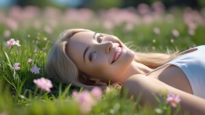 Изображение представляет собой яркую фотографию крупным планом, гормоны счастья, на которой изображена женщина, лежащая на заросшем травой поле. У нее светлая кожа, длинные светлые волосы, и она улыбается, глядя вверх. Черты ее лица включают яркие глаза и жизнерадостное выражение. Передний план заполнен высокой зеленой травой и нежными розовыми цветами, что создает естественную и безмятежную атмосферу. Фон слегка размыт, с оттенками зеленой листвы, что наводит на мысль о солнечном дне. Общая композиция яркая и оживленная, запечатлевающая момент расслабления и радости на природе.