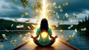Изображение представляет собой цифровую иллюстрацию, изображающую деньги как энергия, сюрреалистическую сцену. На переднем плане человек с длинными темными волосами, одетый в зелено-белую рубашку с рисунком, сидит, скрестив ноги, на деревянной скамье подсудимых. Человек стоит лицом в сторону, а из-за его спины исходит яркий свет, символизирующий энергию или просветление. Вокруг человека плавают многочисленные долларовые купюры, создавая динамичный и хаотичный эффект. На заднем плане изображено безмятежное озеро с лесистой береговой линией под облачным небом, что создает естественный контраст с фантастическими элементами. Общая композиция сочетает в себе элементы спокойствия и материализма с акцентом на сопоставление природы и богатства.