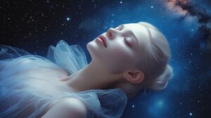 Изображение - это сюрреалистическая художественная фотография, здоровый сон, на которой изображена женщина со светлой кожей и тонкими чертами лица, лежащая в сказочной позе на космическом фоне. На ней полупрозрачное, воздушное платье, которое органично сочетается со звездным, темно-синим и черным пространством вокруг нее, создавая иллюзию парения во Вселенной. Ее глаза закрыты, а выражение лица безмятежное, что наводит на мысль о мирном сне. Фон заполнен звездами и туманоподобными образованиями, усиливающими небесную тематику. Общая композиция гармонична, с акцентом на взаимосвязь между фигурой человека и необъятностью космоса, вызывающую чувство спокойствия и удивления.