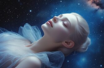 Изображение - это сюрреалистическая художественная фотография, здоровый сон, на которой изображена женщина со светлой кожей и тонкими чертами лица, лежащая в сказочной позе на космическом фоне. На ней полупрозрачное, воздушное платье, которое органично сочетается со звездным, темно-синим и черным пространством вокруг нее, создавая иллюзию парения во Вселенной. Ее глаза закрыты, а выражение лица безмятежное, что наводит на мысль о мирном сне. Фон заполнен звездами и туманоподобными образованиями, усиливающими небесную тематику. Общая композиция гармонична, с акцентом на взаимосвязь между фигурой человека и необъятностью космоса, вызывающую чувство спокойствия и удивления.