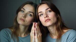 Изображение представляет собой портретную фотографию, любовь к себе, молодой женщины со светлой кожей и длинными светло-каштановыми волосами. Она пристально смотрит на свое отражение в стекле, создавая симметричную композицию. У нее тонкие черты лица с выступающими скулами и полными губами. Мягкое освещение создает нежные тени, которые подчеркивают контуры ее лица. На ней светло-голубой топ, а ее руки нежно лежат на стекле. Приглушенный серый фон придает изображению безмятежное и задумчивое настроение. Общий стиль - художественный и созерцательный, создающий атмосферу спокойных размышлений.